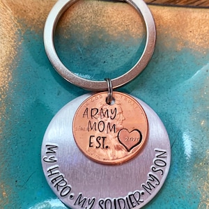 Personalized My Hero My Soldier My Son, Army Mom Keychain, Proud Mother, Handstamped, Military, Deployment Date, Enlistment, Enlisted, Boot