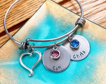 Handstamped Birthstone Kid's Names Bangle for Mother, Personalized Gift for Mom, Mommy Birth Bracelet, Custom For Wife, Mother's Day