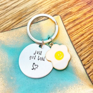 Just Got Laid, Chicken Keychain, Fresh Eggs, Funny Gift, Chicken Lover, Handstamped, Gift for Boyfriend, Husband Birthday, Eggs