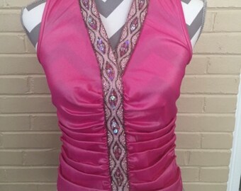 Vintage 90’s Tadashi Beaded Chiffon Glam Pink Formal Sleeveless Top Size XS/S, Formal Retro Embellished Sparkly Fitted Sheer Halter Top