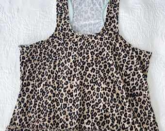 Vintage Kathryn Leopard Animal Print Ruffle Tank Top Chemise Size 3X, Retro Pinup Lingerie, Pin Up Cheetah Sleeveless Top, Old Nightgown