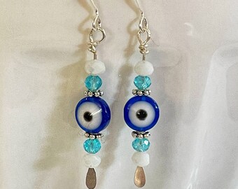 Silver Evil Eye Dangle Earrings: Teal Czech Glass Boho Jewelry