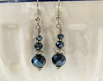 Silver Plated Faceted Black Glass Earrings, Silver Jewellery, Jewelry for Her, Stocking Stuffers, Gift Mom, Christmas Gifts, Dangly Earring