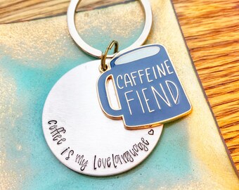 Handstamped Coffee Keychain, Caffeine Fiend Gift, Blue Enamel Charm