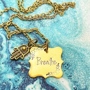 Breathe Hamsa Hand, Magic Gold Necklace, Mantra, Handstamped Necklace, Goddess Necklace, Goddess Magick, Yoga Gift for Her, Hamsa Keychain