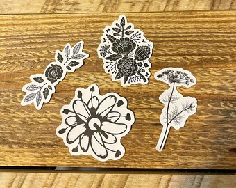Stickers floraux noirs et blancs : stickers Hydroflask, ensemble de contours de fleurs