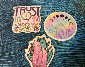 Lot of Dye Cut Stickers, Sticker Hydroflask, Water Bottle, Geode Crystals, Gemstone Designs, Trust Timing Of Your Life, Moon Phases, Wiccan