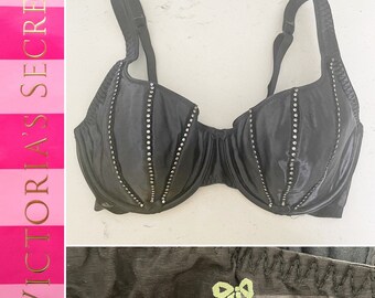 Victoria’s Secret 90’s Vintage Rhinestone Lined Black Satin Push Up Bra 36D, Vintage 1990’s Pinup Lingerie, Sparkly Demi Bra