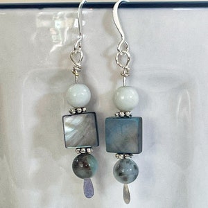 Silver Agate Kyanite Dangle Earrings, Grey Blue Jewelry, Jewellery For Her, Boho Jewelry, Dangly Earrings, Square Gray Beads