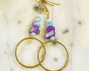 Gold Plated Faceted Glass Purple Shell Hoop Earrings, Gold Jewellery, Jewelry for Her, Gift for Mom, Christmas Gift Ideas, Ombre Earring