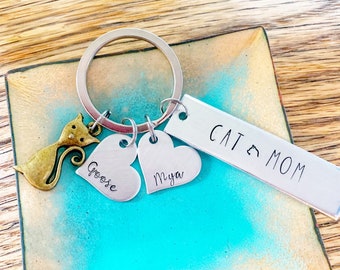 Handstamped Cat Keychain, Personalized Keychain, Cat Memorial Gift, Silver Cat, Cat Jewelry, Crazy Cat Lady, Pet Memorial, Kittens, Mother