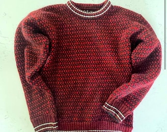 Krone Geysir Vintage Norwegian Hand Knit Wool Ski Sweater, RN 23155, Iceland Skiing, 1960’s Icelandic Outdoor Clothing, Hand Spun, Red Black