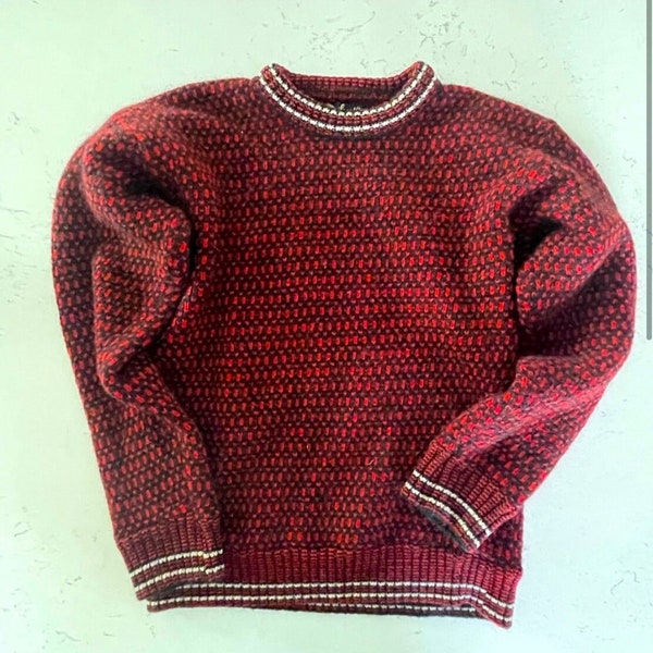 Krone Geysir Vintage Norwegian Hand Knit Wool Ski Sweater, RN 23155, Iceland Skiing, 1960’s Icelandic Outdoor Clothing, Hand Spun, Red Black