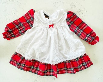 Vintage Glen Appin Glasgow Scotland Red White Tartan Plaid Smocked Eyelet Baby Dress, Christmas Infant Gown, Formal Holiday Girl’s Dresses