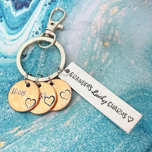 May include: Silver keychain with a charm that says "Grandpa's Lucky Charms" and four copper pennies with the years 2018, 2019, 2020, and 2021 engraved on them.