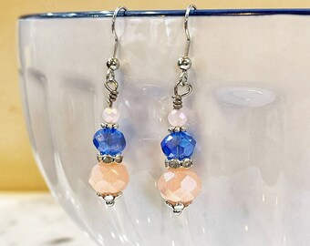 Silver Plated Faceted Blue, Peach, and Champagne Earrings, Gold Jewellery, Jewelry for Her, Stocking Stuffers, Gift for Mom, Christmas Gifts