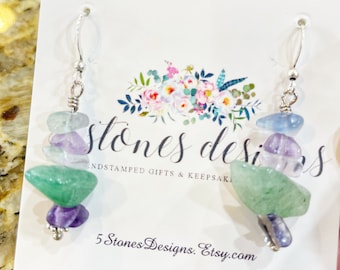 Silver Plated Fluorite Aventurine Earrings: Boho Gemstone Jewelry