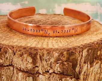 Custom Handstamped Coordinates Cuff Bracelet, GPS Coordinates, Latitude Longitude, GPS Location Gift, Anniversary Present for Her, Home