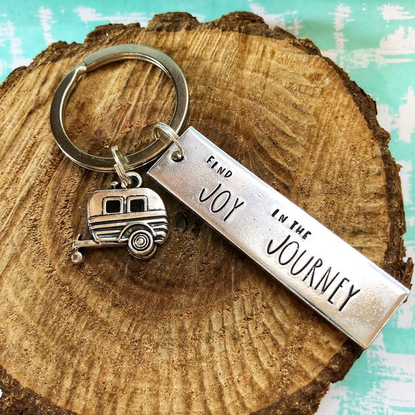 Handstamped RV Camping Mountain Keychain, Gift for Travelers, New RV Camper, Custom for Wanderers, Find Joy in the Journey, Trailer