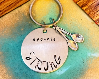 Spoonie Strong, Chronic Illness Keychain, Inspirational Gift, Handstamped keychain, Swivel Keychain, Spoon Theory, Warrior, Chronically Ill