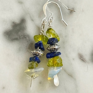 Silver Opalite, Lapis Lazuli, Peridot Dangle Earrings, Gemstone Jewelry, Jewellery For Her, Boho Jewelry, Dangly Earrings, Earthy Magic