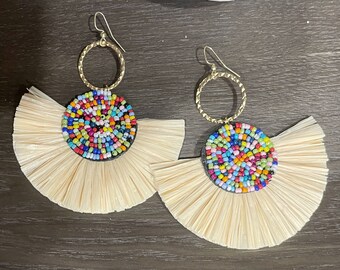 Beaded Rainbow Swirl Statement Earrings, Brass Fan Earrings, Christmas Gifts, For Her, Vacation Vibe Jewelry, Beach Jewellery, Straw Tassel