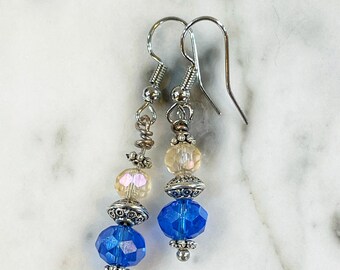 Silver Plated Faceted Blue and Champagne Earrings, Glass Jewellery, Jewelry for Her, Stocking Stuffers, Gift for Mom, Christmas Gifts