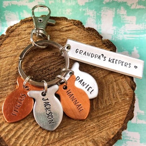 Handstamped Grandpa's Keepers Fishing Keychain, Kids Name Keychain, Daddy's Best Catch, Gift for Grandpa, Gift for Dad from Kids, Best Catch image 1