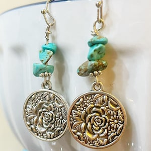 Silver Plated Turquoise Rose Beaded Earrings, Gemstone Jewellery, Jewelry for Her, Gemstones, Gift Daughter, Boho Witchy Long Gems