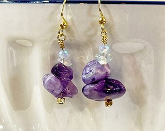 Gold Plated Amethyst Opalite Earrings, Gold Jewellery, Jewelry for Her, Gemstone, Gift for Mom, Christmas Gifts, Gemstones, Ombré Earrings