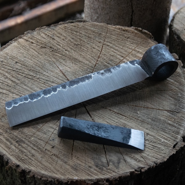Handforged froe + steel wedge, splitting wood tool.