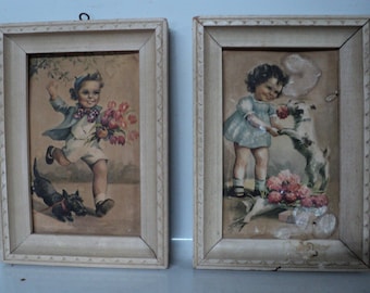 Vintage Kitschy Pair of Pictures Vintage Wall Pictures Vintage Wall Decor Vintage Kitschy Decor