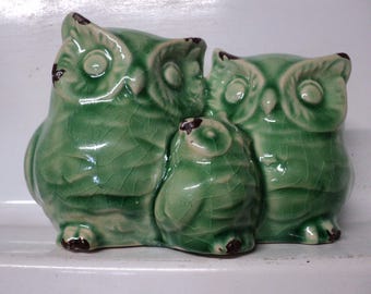 Vintage Owls Figurine Vintage Olive Green Owls Figurine Vintage 1970's Owl Decor Vintage 1970s Decor