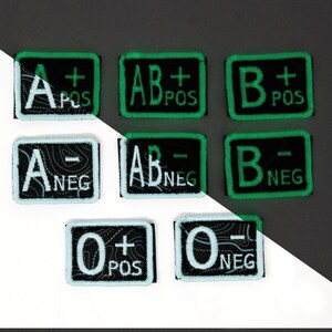 May include: A collection of eight rectangular patches displaying blood type information. Each patch has a black background with a light blue border and white text indicating blood type and positive or negative status. The patches are arranged on a black and white background.