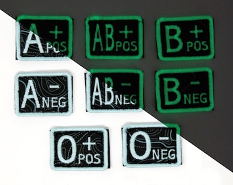 Blood Type Embroidered Patch - Mint Topography - Glow in the Dark  - Hook & Loop