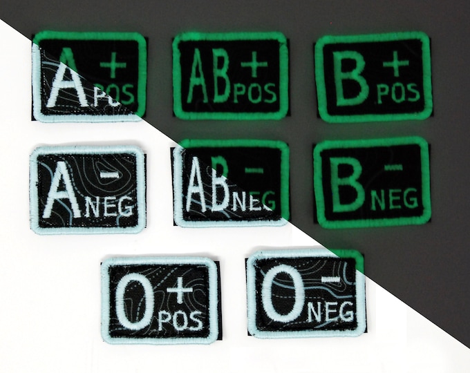 Blood Type Embroidered Patch - Mint Topography - Glow in the Dark  - Hook & Loop