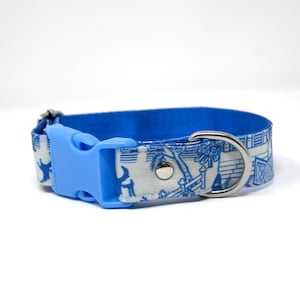 May include: A blue and white patterned dog collar with a blue plastic buckle and a silver metal D-ring.