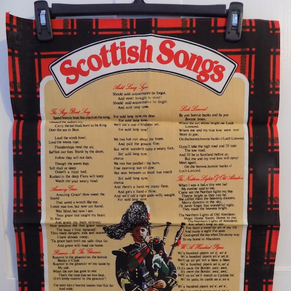 Vintage Scottish Songs 100% Linen Tea Towel Made in the UK - Never used Tartan Plaid - Signed Maurice Oliphant Souvenir Towels