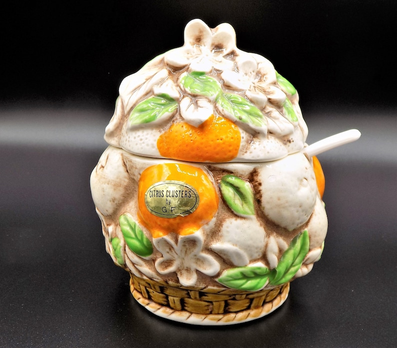 Orange Marmalade JarSugar Bowl with Original Spoon GF Citrus Cluster Made in Japan Mid Century Ceramic