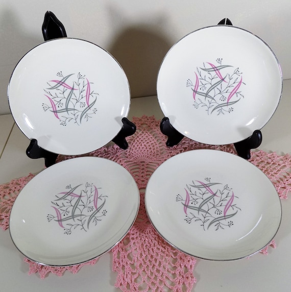 Vintage Homer Laughlin ALLEGRO pattern Classic Pink Grey with Platinum trim 1950/'s Bread and Butter Plates