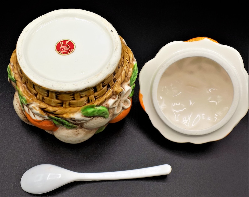 Orange Marmalade JarSugar Bowl with Original Spoon GF Citrus Cluster Made in Japan Mid Century Ceramic