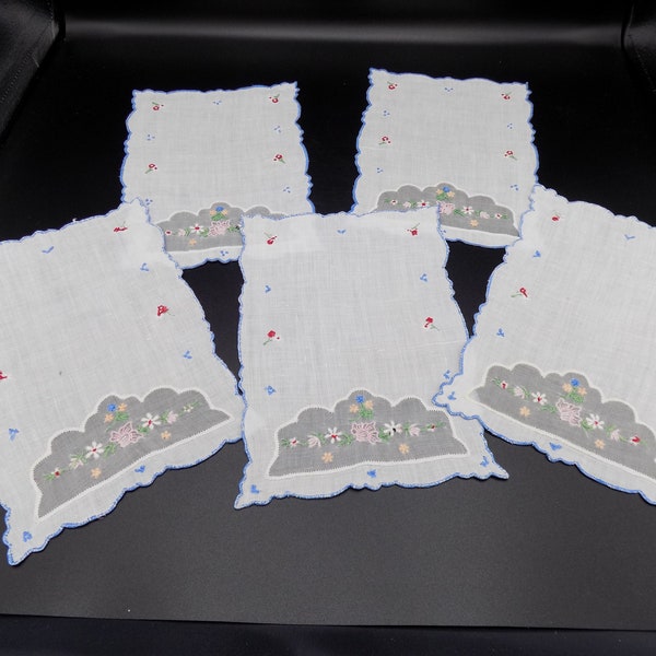 Vintage Embroidered Cloth Coffee Table Doilies - Set of 5