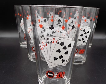 Vintage Playing Cards with Poker Chip/ Full House Poker Barware Glassware set of 6