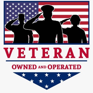 May include: An American flag in red, white and blue with three silhouetted figures saluting. The text "Veteran Owned and Operated" is below the flag.