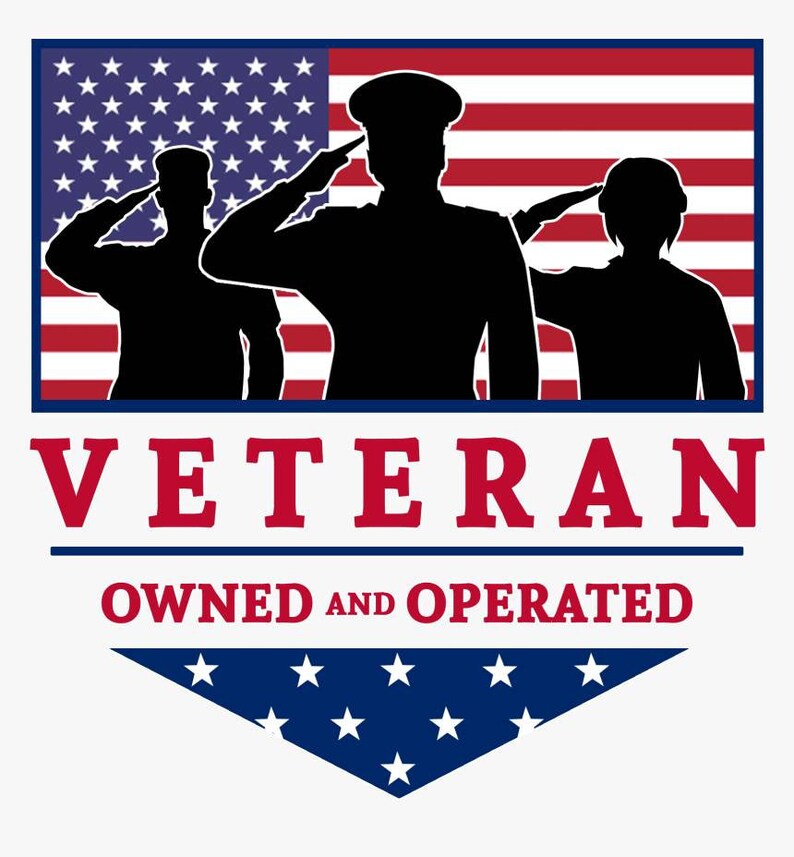May include: An American flag in red, white and blue with three silhouetted figures saluting. The text "Veteran Owned and Operated" is below the flag.