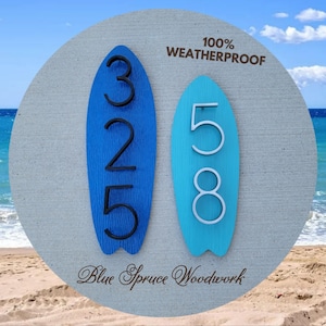 Vertical Surfboard Address Sign for House, Coastal Beach House Exterior Decor, Outdoor PVC Weatherproof House Numbers, Home Address Plaque