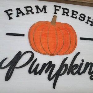 Puede incluir: Un letrero de madera blanco con marco marr&oacute;n, con el texto "FARM FRESH PUMPKINS" en letras negras. Una gran calabaza naranja con un tallo marr&oacute;n est&aacute; centrada en el letrero.