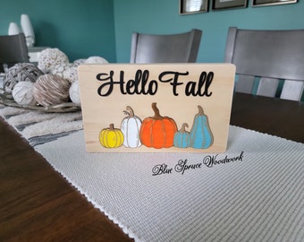 Letrero de estantería "Hola Otoño Calabaza", decoración de calabaza verde azulado, letrero de calabaza de otoño para repisa de chimenea