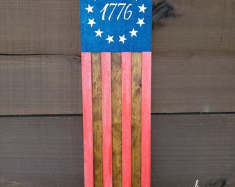 Decoración de pared con bandera estadounidense, bandera estadounidense de madera de granja patriótica de 1776, letrero estadounidense del 4 de julio, decoración primitiva, letrero de porche