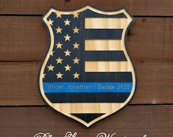 American flag wall decor, Patriotic Personlized Police Badge, Thin Blue line American Flag, American Flag police badge